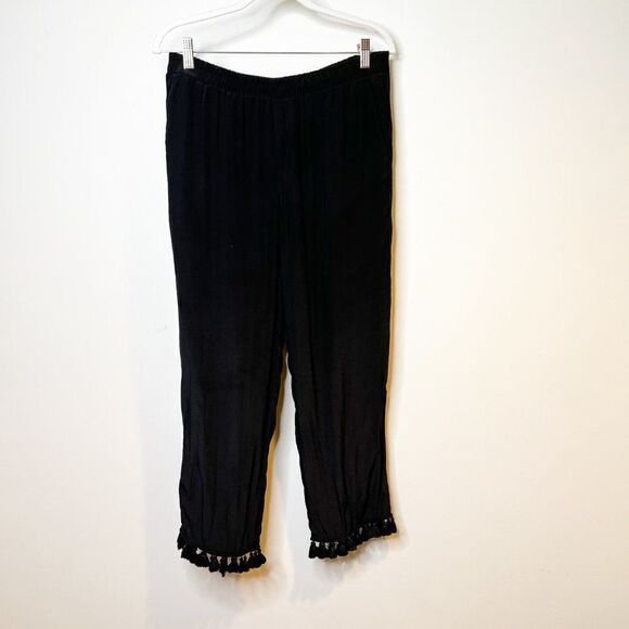 Club Monaco Womens Black Silk Tassel Elastic Waist Wide Leg Cropped Pant Size 8 - Picture 1 of 7